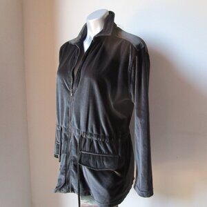 Dark brown crushed polyester velvet jacket with pockets and belt tie.